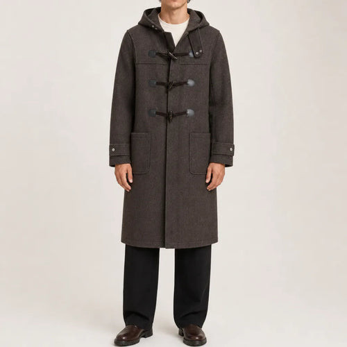 Men's Long Toggle Front Coat with Stand Collar - Brown