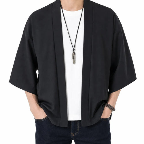 Men's Open Front Jacket with Wide Short Sleeves - Black