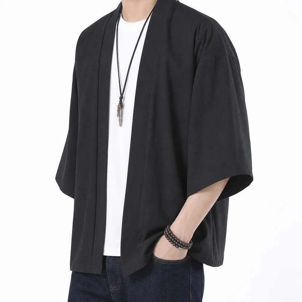 Men's Open Front Jacket with Wide Short Sleeves - Black