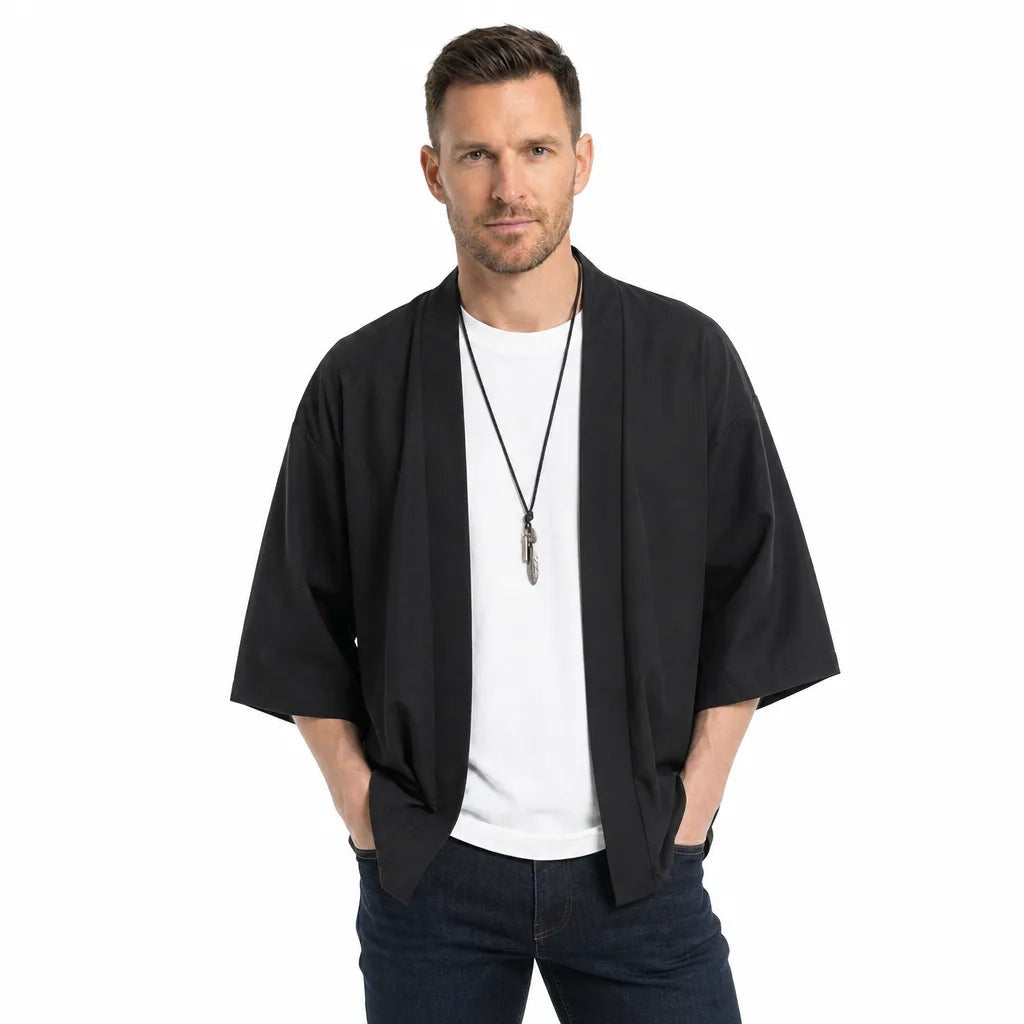 Men's Open Front Jacket with Wide Short Sleeves - Black