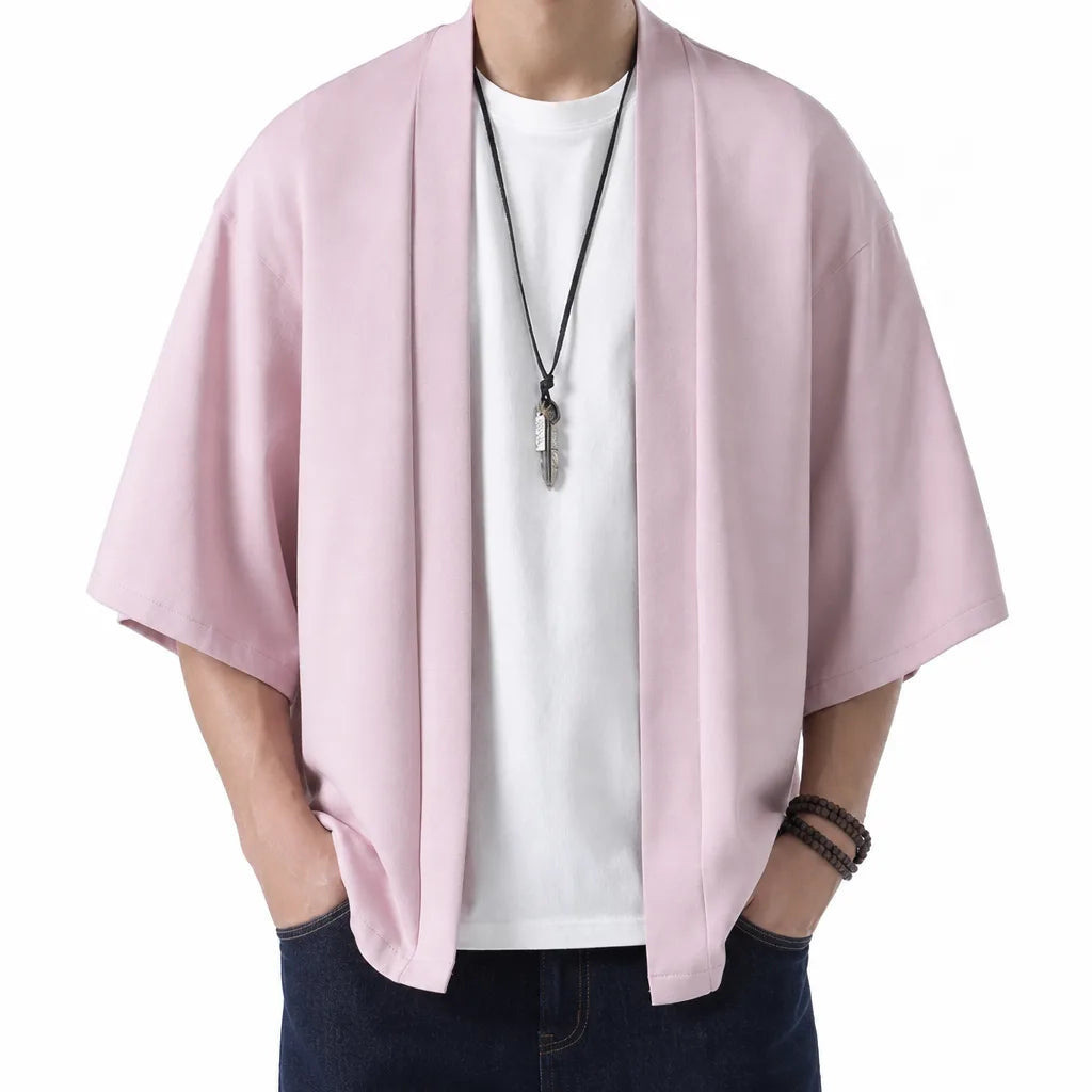 Men's Open Front Jacket with Wide Short Sleeves - Pink