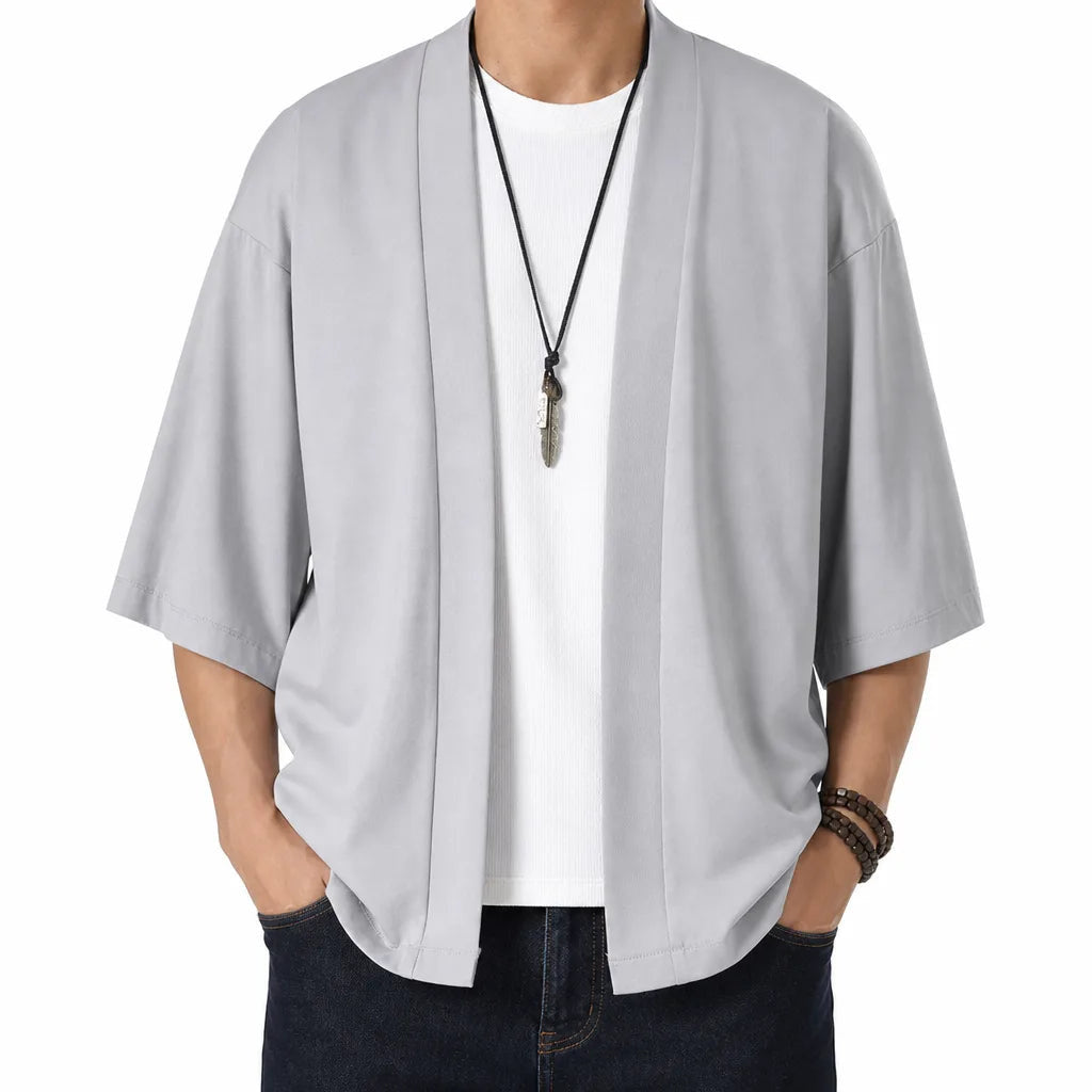 Men's Open Front Jacket with Wide Short Sleeves - Gray