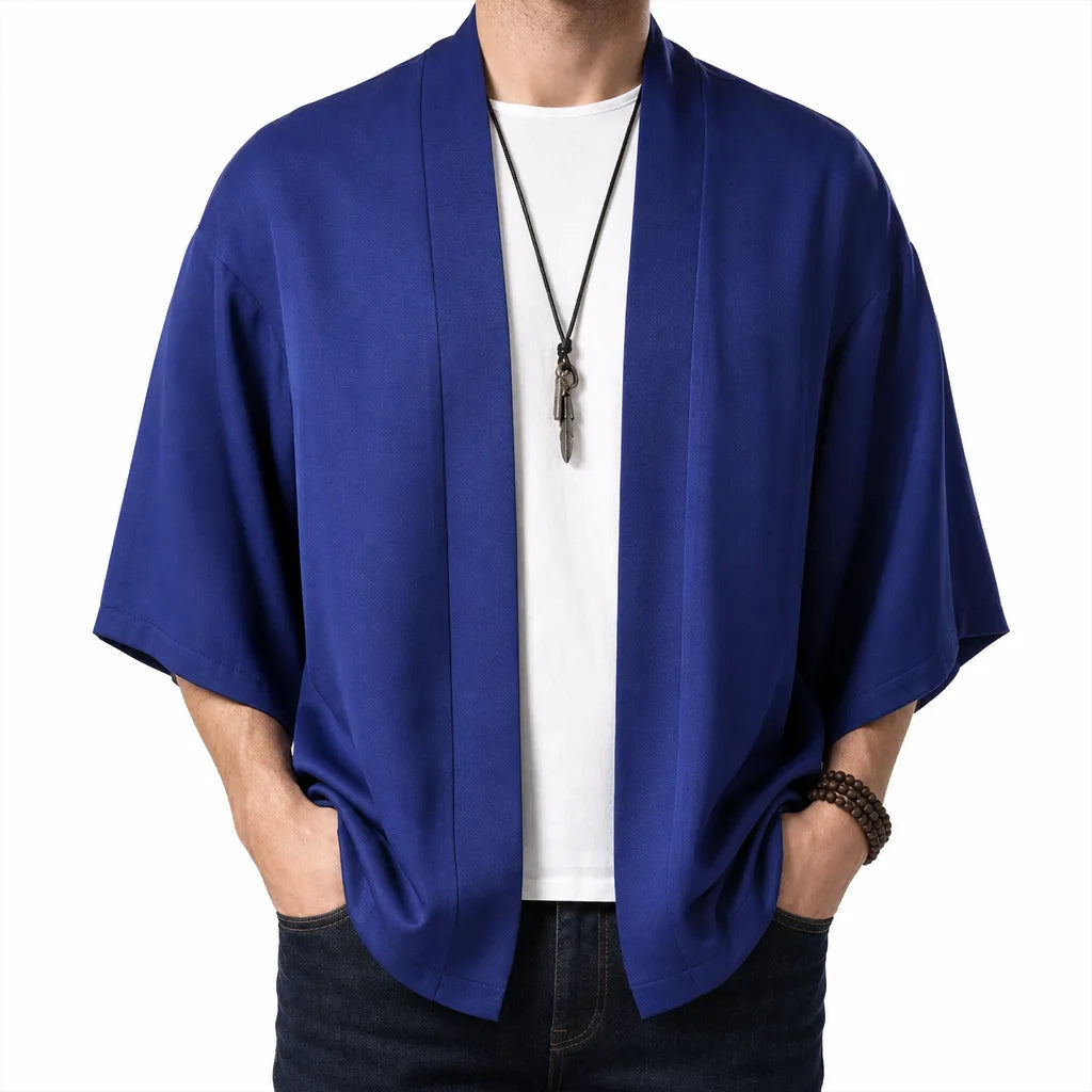 Men's Open Front Jacket with Wide Short Sleeves - Blue