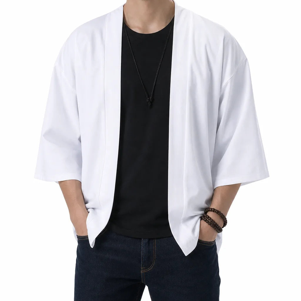 Men's Open Front Jacket with Wide Short Sleeves - White