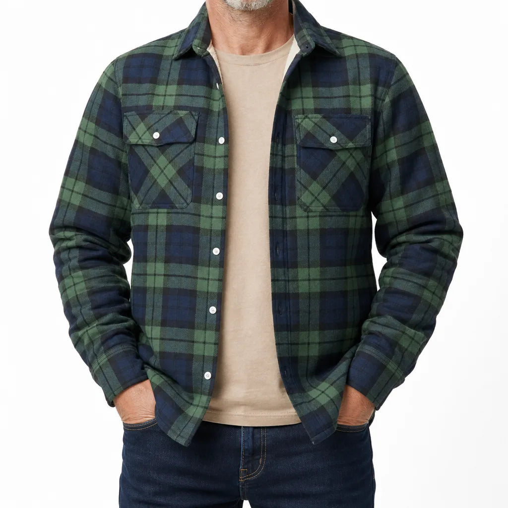 Men's Plaid Button Overshirt with Flap Chest Pockets - Green