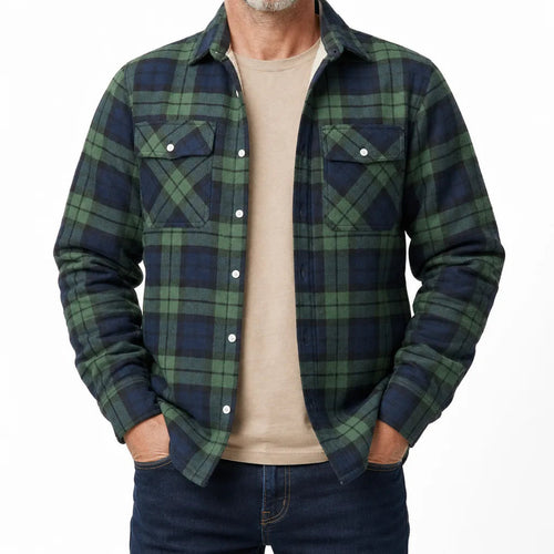 Men's Plaid Button Overshirt with Flap Chest Pockets - Green