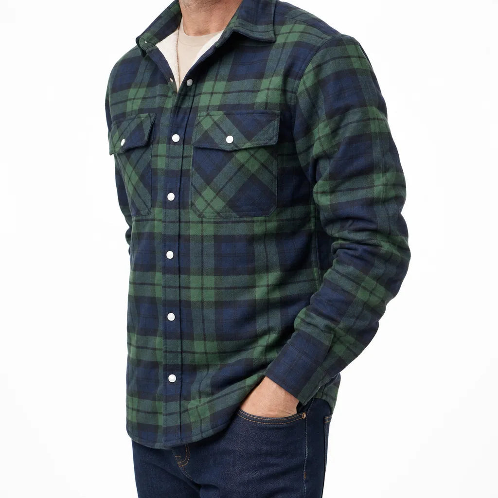 Men's Plaid Button Overshirt with Flap Chest Pockets - Green