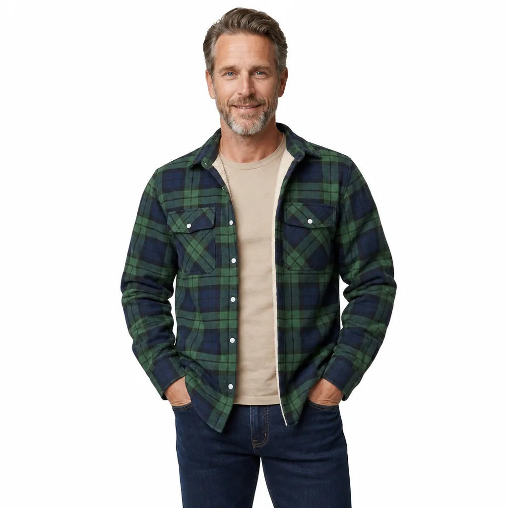Men's Plaid Button Overshirt with Flap Chest Pockets - Green
