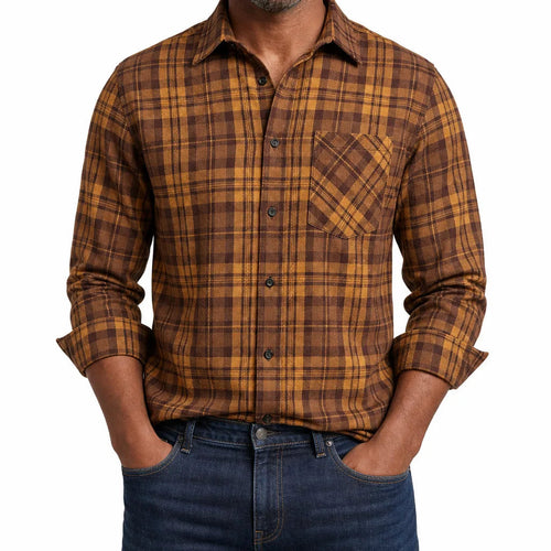 Men's Plaid Button Shirt with Angled Chest Pocket - Brown