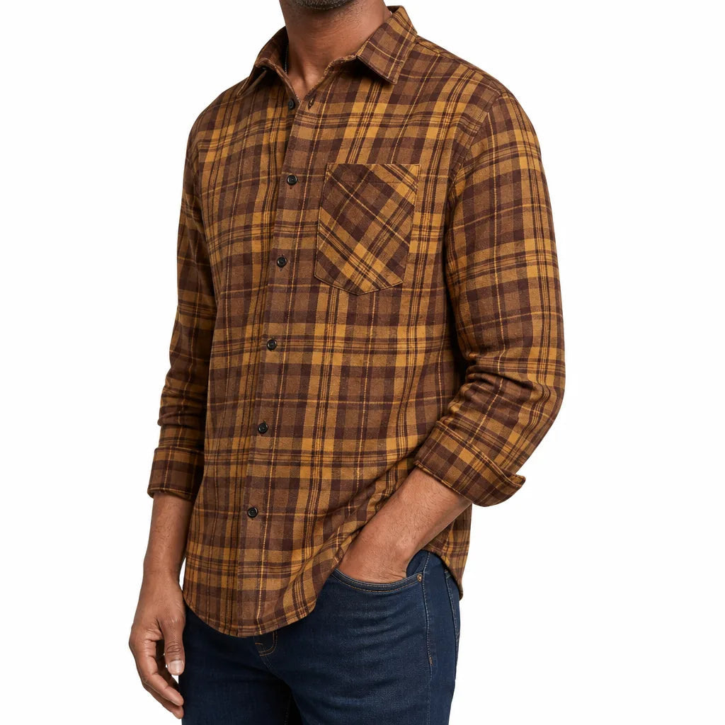 Men's Plaid Button Shirt with Angled Chest Pocket - Brown