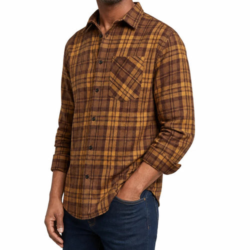 Men's Plaid Button Shirt with Angled Chest Pocket - Brown