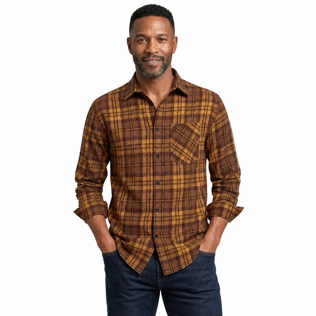 Men's Plaid Button Shirt with Angled Chest Pocket - Brown