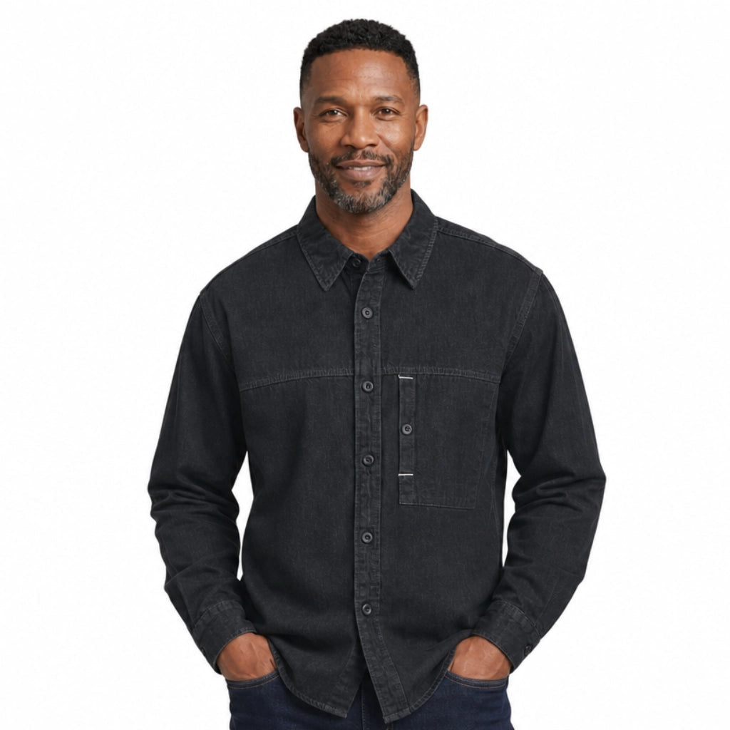 Men's Plain Button Overshirt with Single Chest Pocket - Black
