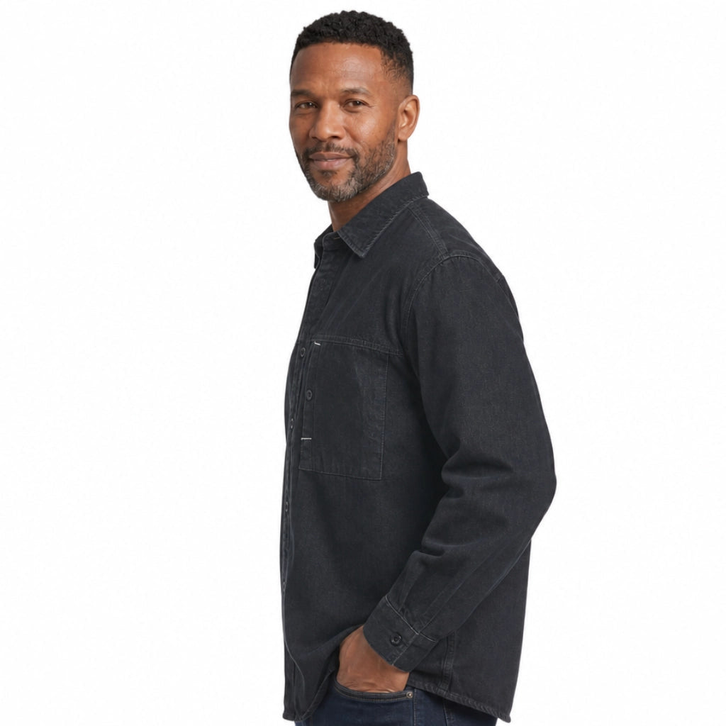 Men's Plain Button Overshirt with Single Chest Pocket - Black