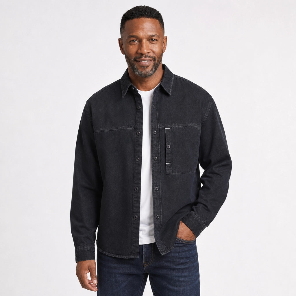 Men's Plain Button Overshirt with Single Chest Pocket - Black