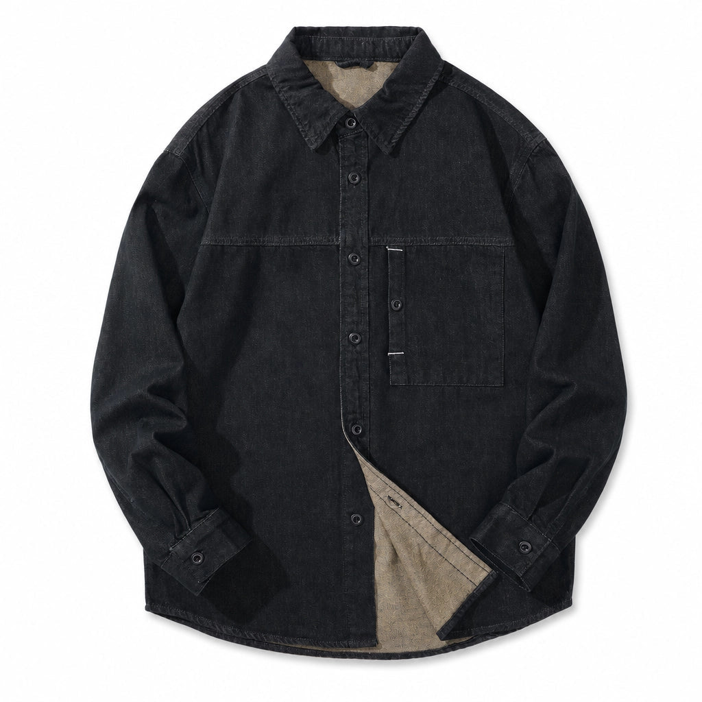 Men's Plain Button Overshirt with Single Chest Pocket - Black