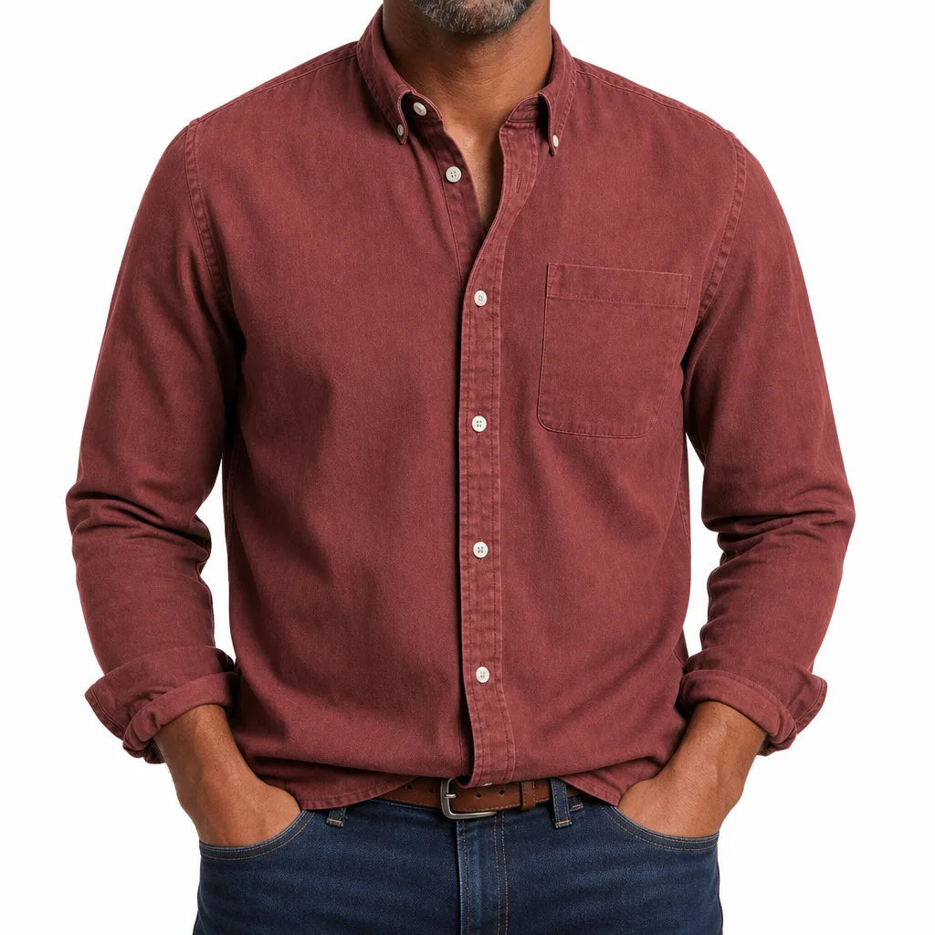 Men's Plain Long Sleeve Shirt with Button Down Collar - Red