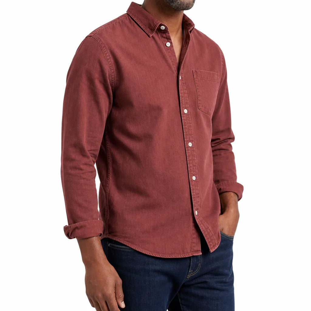 Men's Plain Long Sleeve Shirt with Button Down Collar - Red