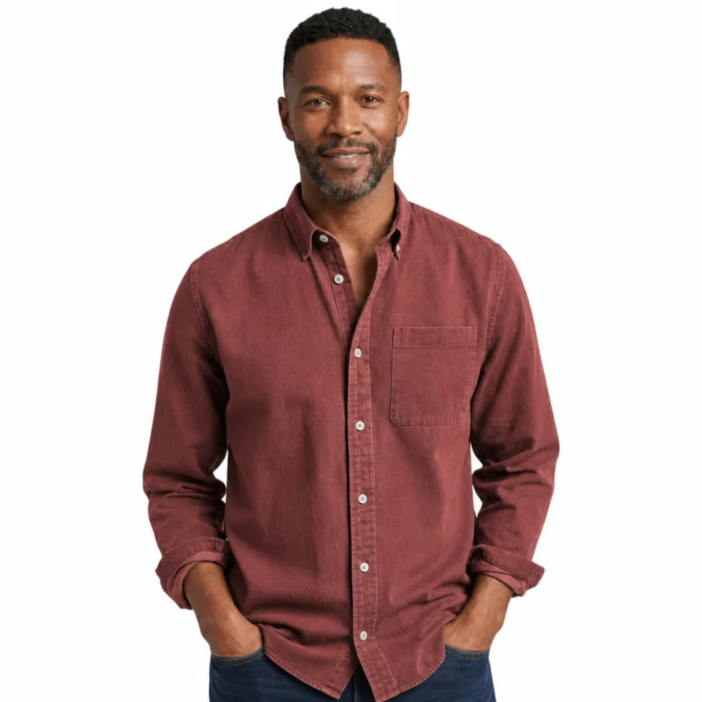 Men's Plain Long Sleeve Shirt with Button Down Collar - Red