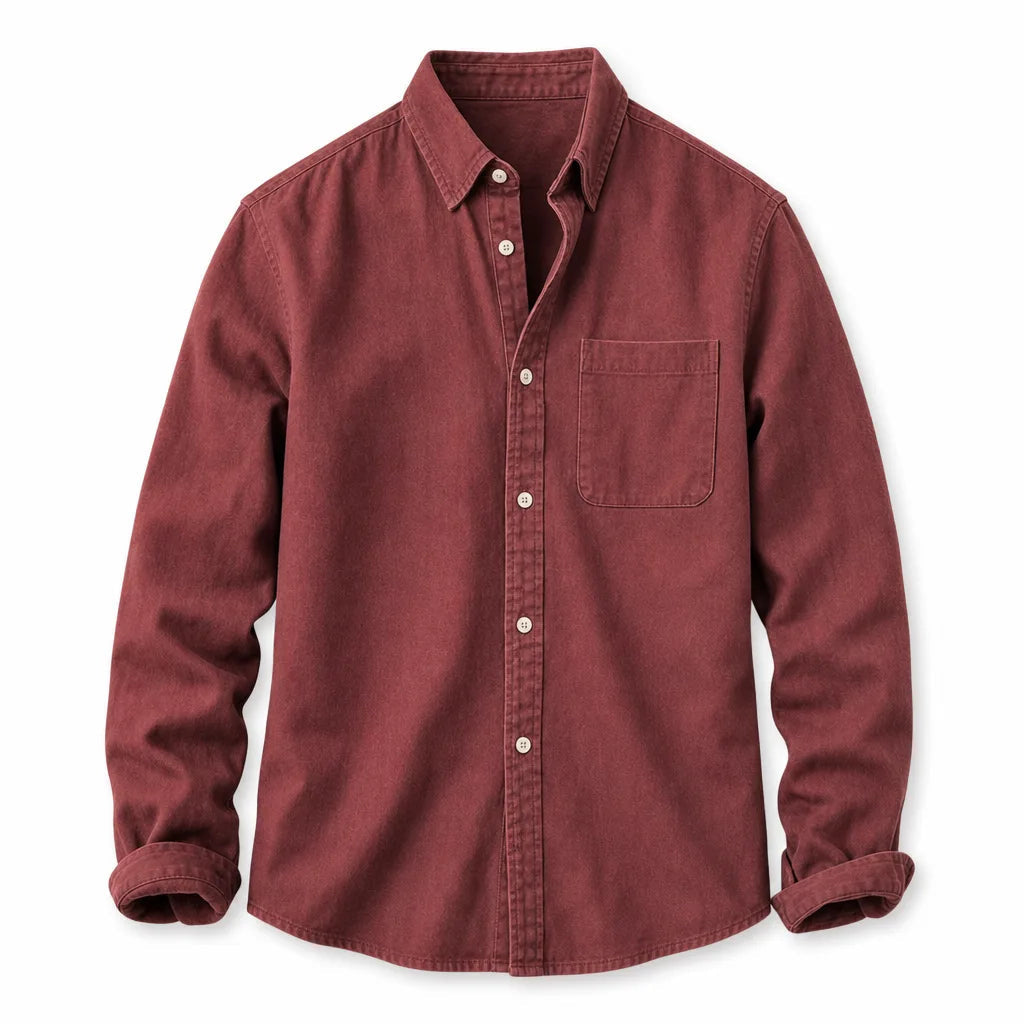 Men's Plain Long Sleeve Shirt with Button Down Collar - Red