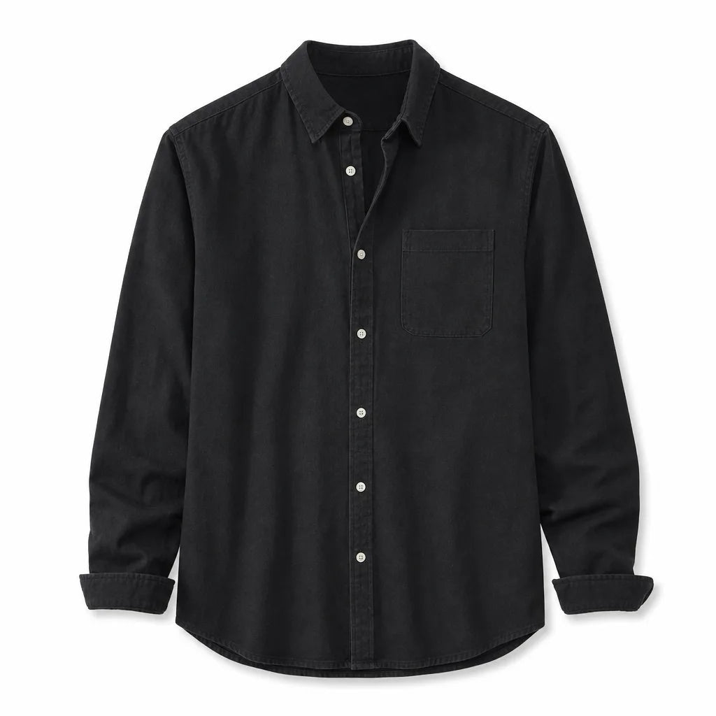 Men's Plain Long Sleeve Shirt with Button Down Collar - Black