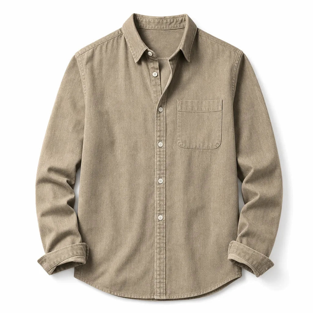 Men's Plain Long Sleeve Shirt with Button Down Collar - Beige
