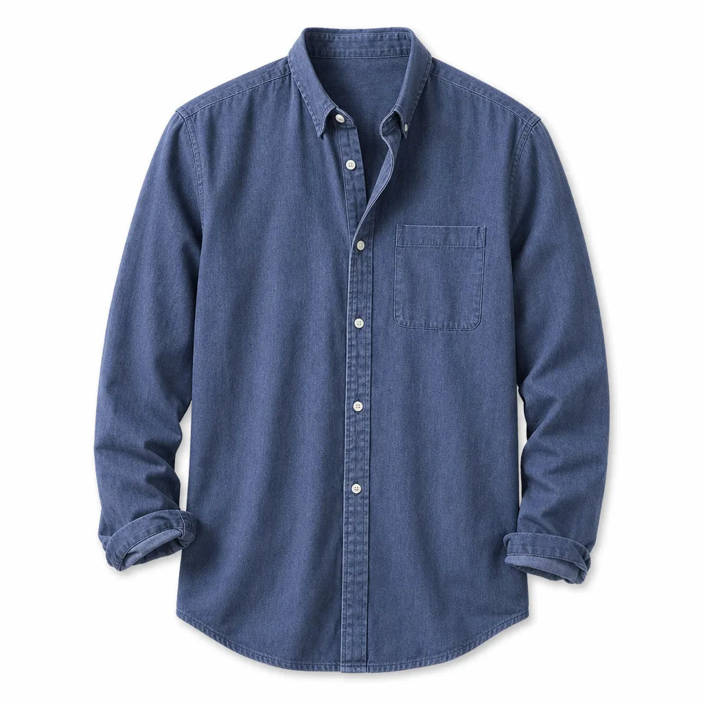 Men's Plain Long Sleeve Shirt with Button Down Collar - Blue