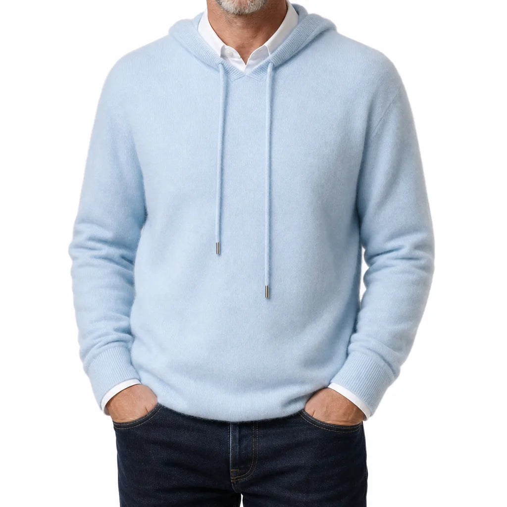 Men's Plain Pullover Hoodie with Drawstring Neck - Blue