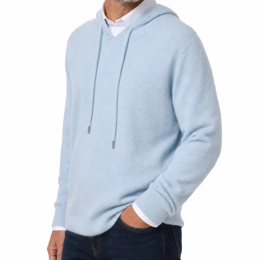 Men's Plain Pullover Hoodie with Drawstring Neck - Blue