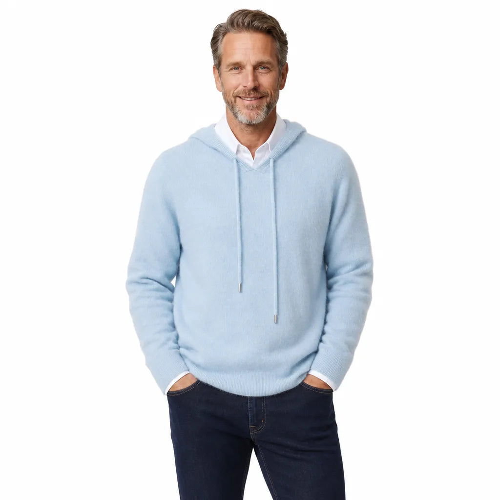 Men's Plain Pullover Hoodie with Drawstring Neck - Blue
