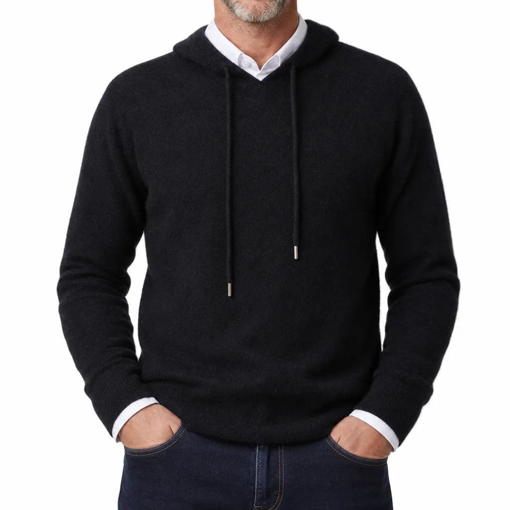 Men's Plain Pullover Hoodie with Drawstring Neck - Black
