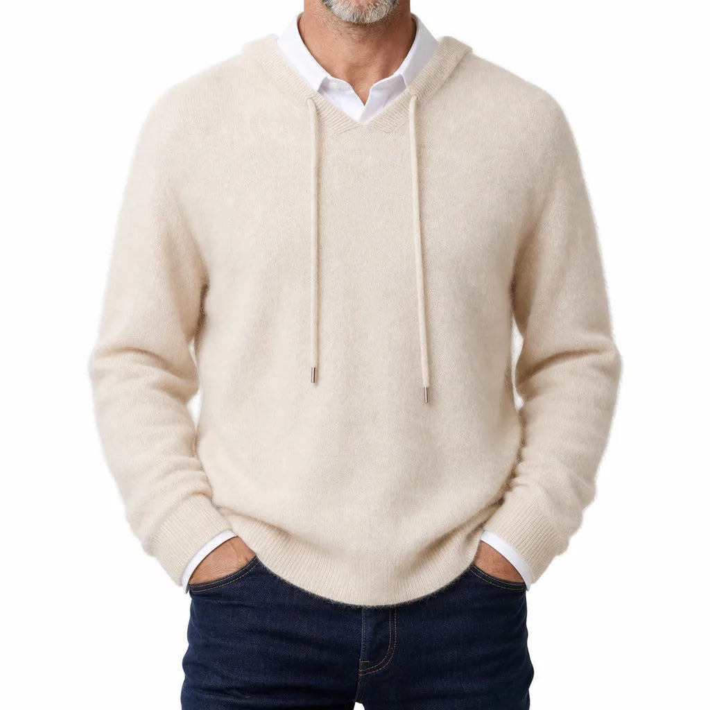 Men's Plain Pullover Hoodie with Drawstring Neck - Beige