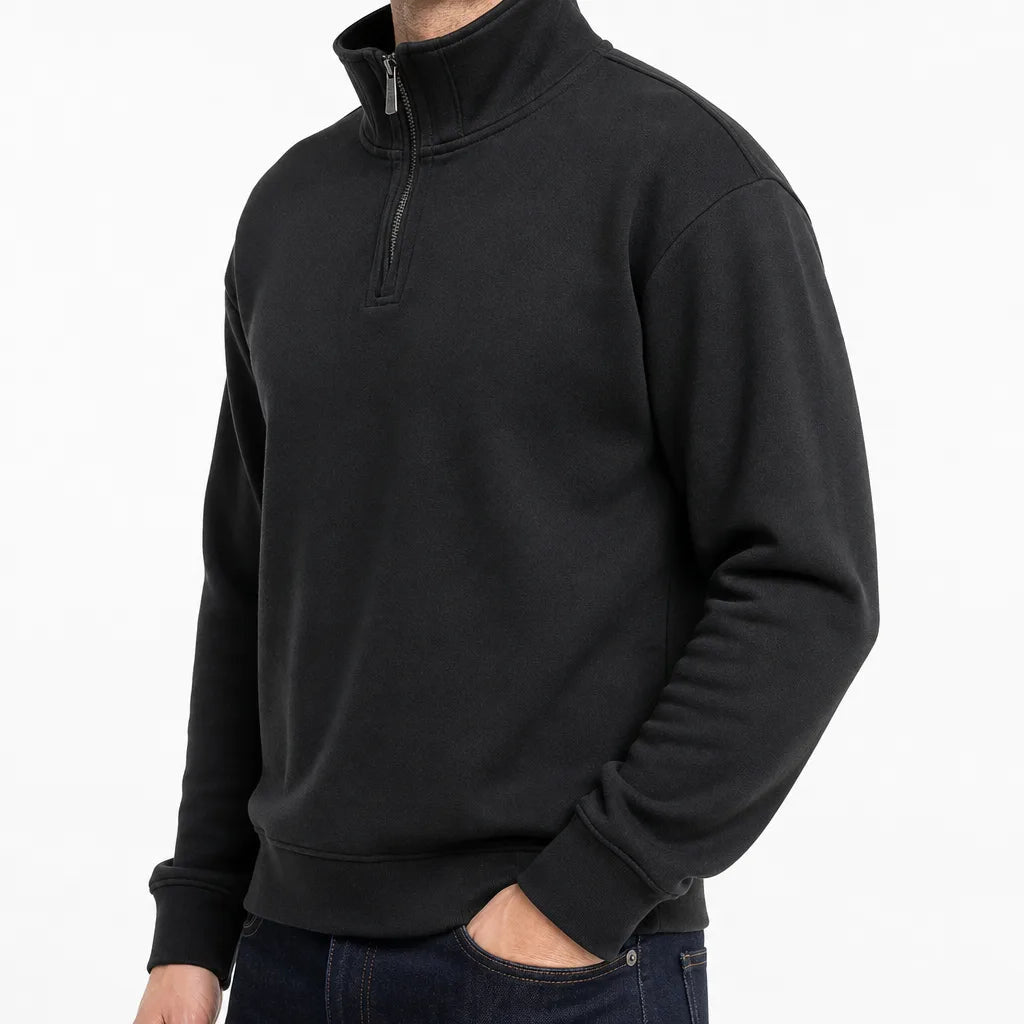 Men's Plain Quarter Zip Pullover with Ribbed Cuffs - Black