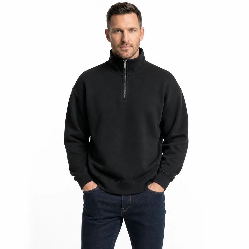 Men's Plain Quarter Zip Pullover with Ribbed Cuffs - Black