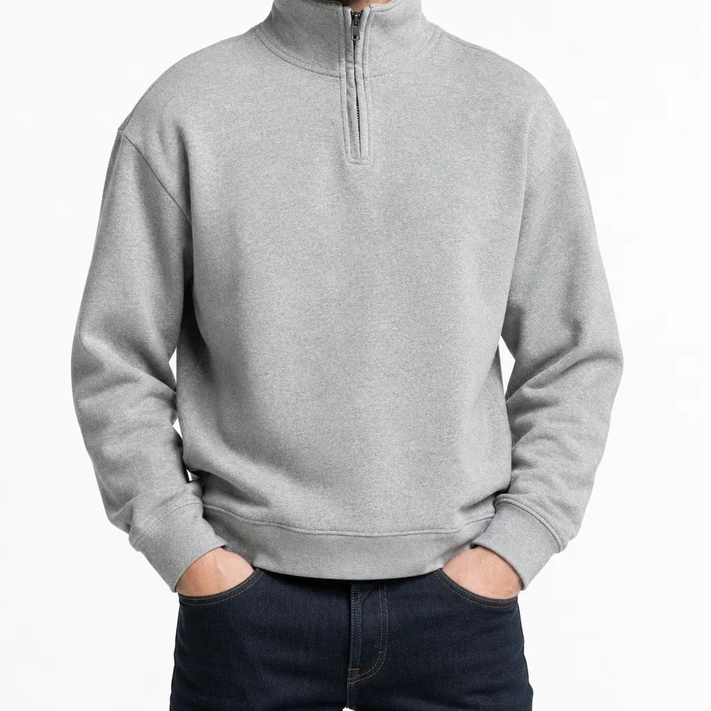 Men's Plain Quarter Zip Pullover with Ribbed Cuffs - Gray