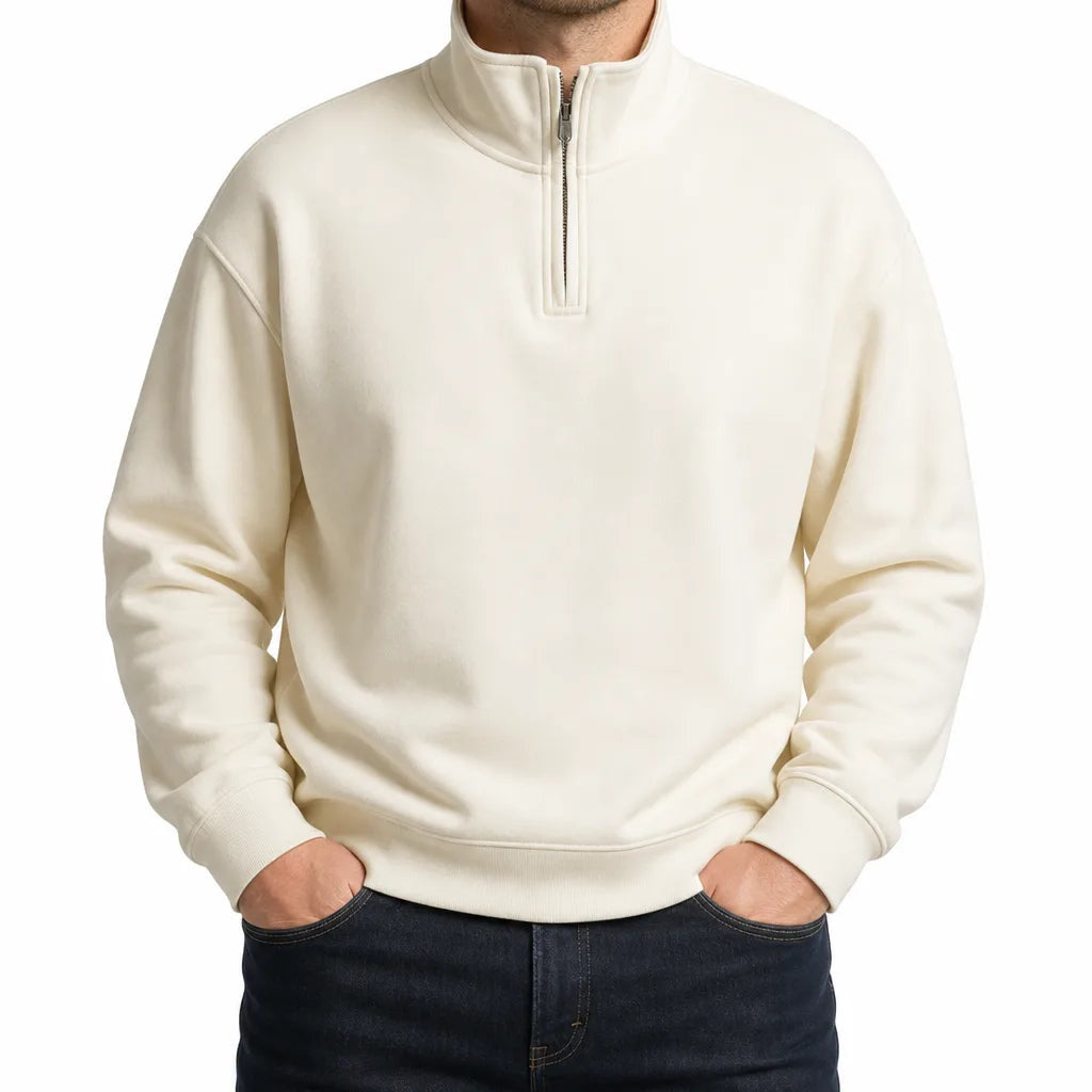 Men's Plain Quarter Zip Pullover with Ribbed Cuffs - Beige