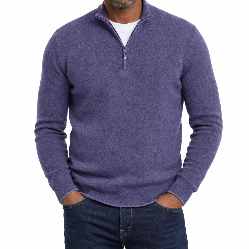 Men's Plain Quarter Zip Sweater with Ribbed Hem - Purple