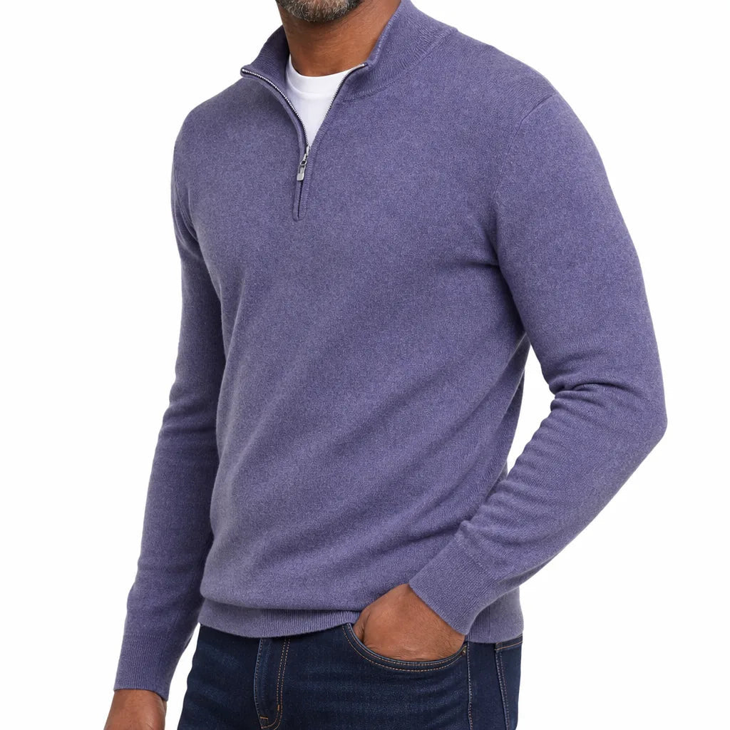 Men's Plain Quarter Zip Sweater with Ribbed Hem - Purple
