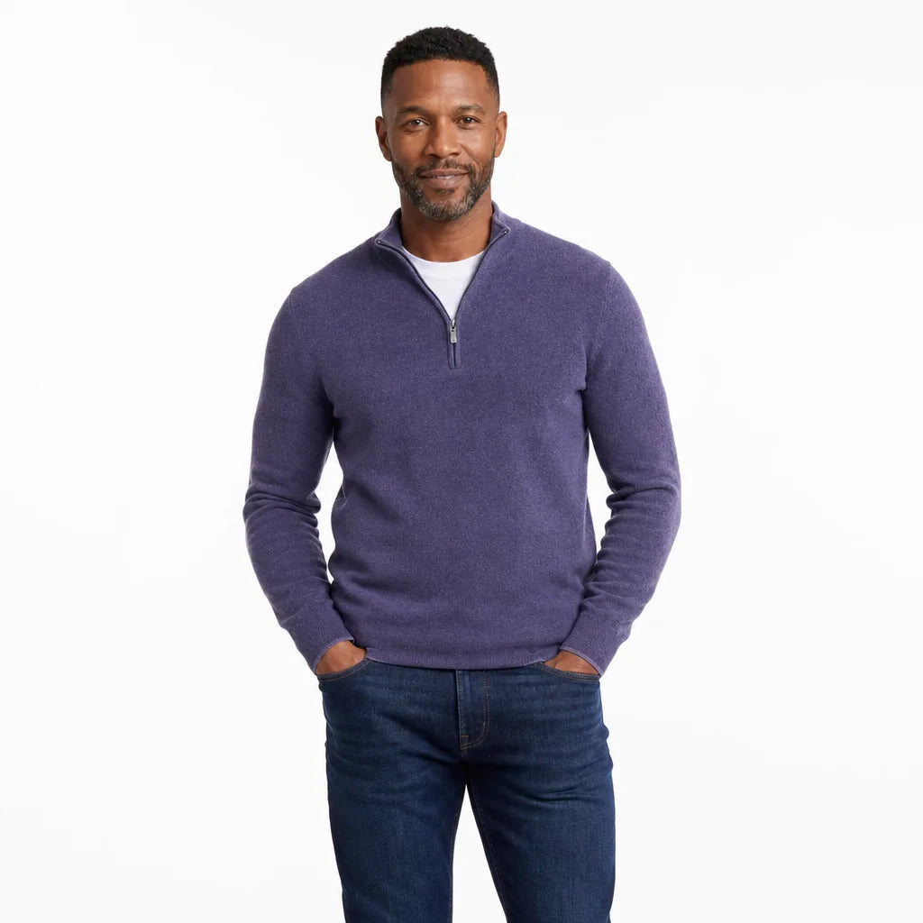 Men's Plain Quarter Zip Sweater with Ribbed Hem - Purple