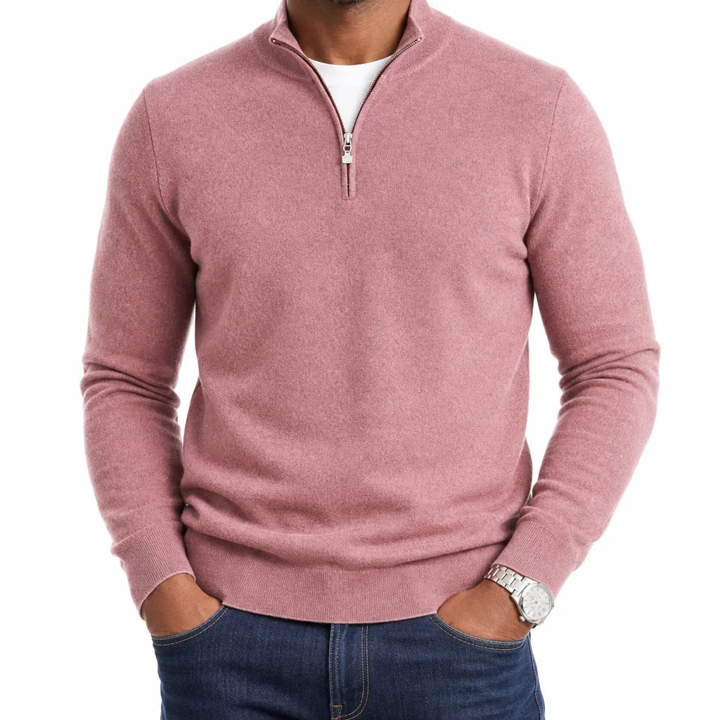 Men's Plain Quarter Zip Sweater with Ribbed Hem - Pink