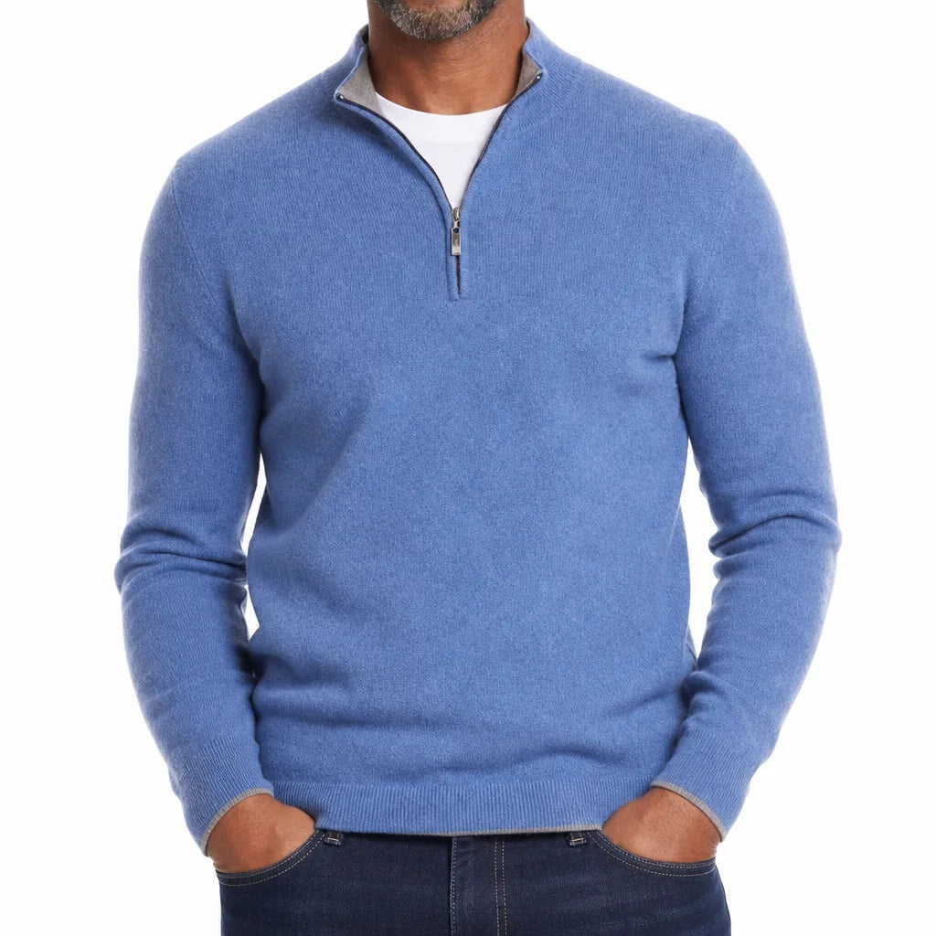 Men's Plain Quarter Zip Sweater with Ribbed Hem - Blue