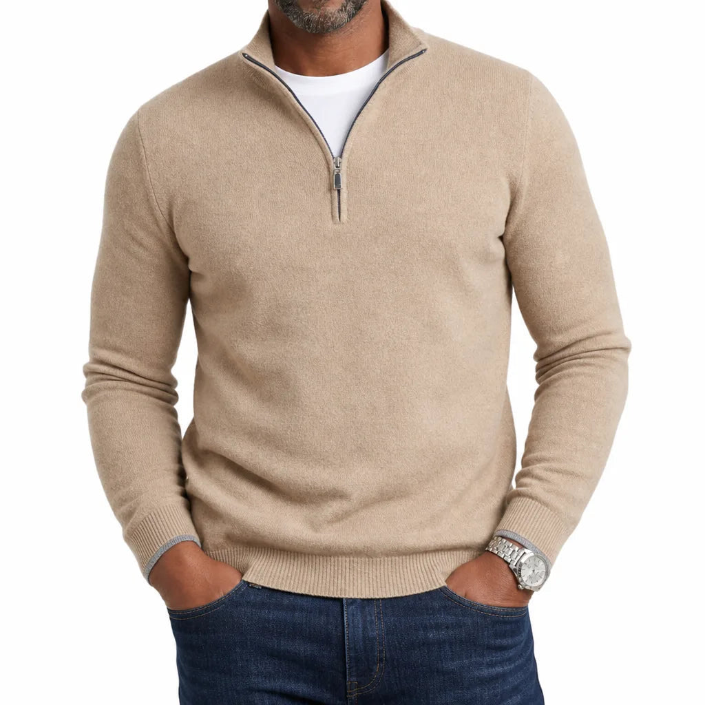 Men's Plain Quarter Zip Sweater with Ribbed Hem - Beige