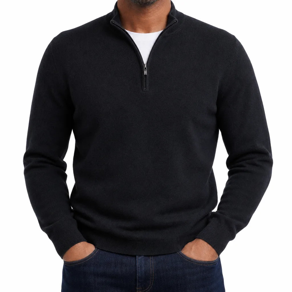 Men's Plain Quarter Zip Sweater with Ribbed Hem - Black