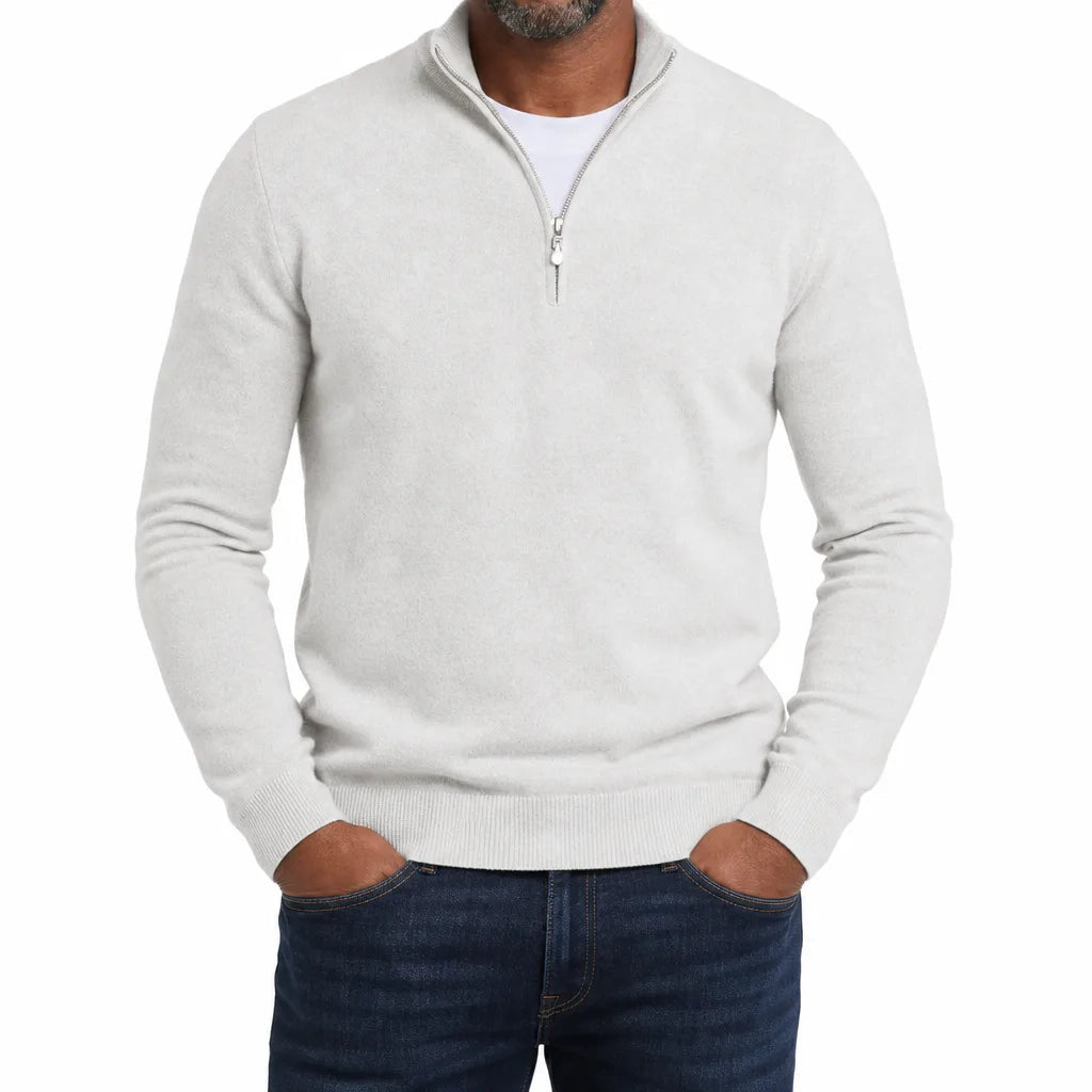 Men's Plain Quarter Zip Sweater with Ribbed Hem - Gray