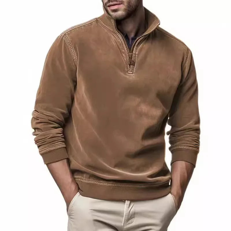 Men's Plain Quarter Zip Sweater with Stand Collar - Brown