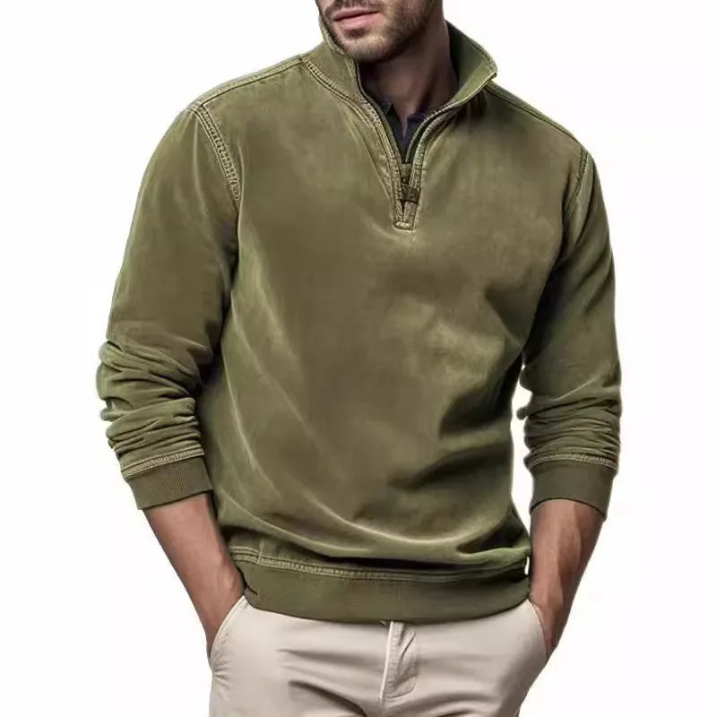 Men's Plain Quarter Zip Sweater with Stand Collar - Green