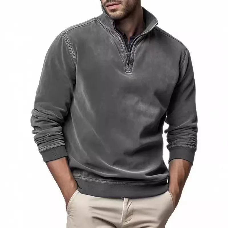 Men's Plain Quarter Zip Sweater with Stand Collar - Gray