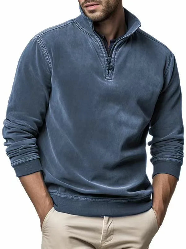 Men's Plain Quarter Zip Sweater with Stand Collar - Navy