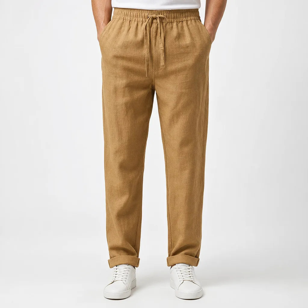Men's Plain Straight Leg Pants with Elastic Waist - Beige