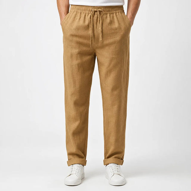Men's Plain Straight Leg Pants with Elastic Waist - Beige